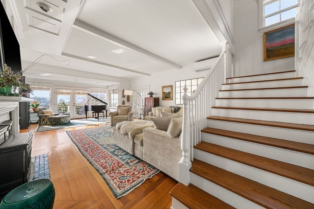 Fireplace, Interior, Living room, Piano, Recessed Lighting, Wood Texture Flooring