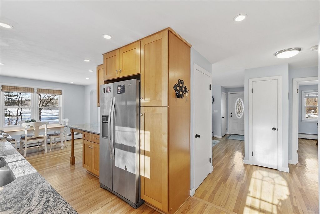 Dining room, Interior, Kitchen, Recessed Lighting, Stainless Steel Appliances, Wood Texture Flooring