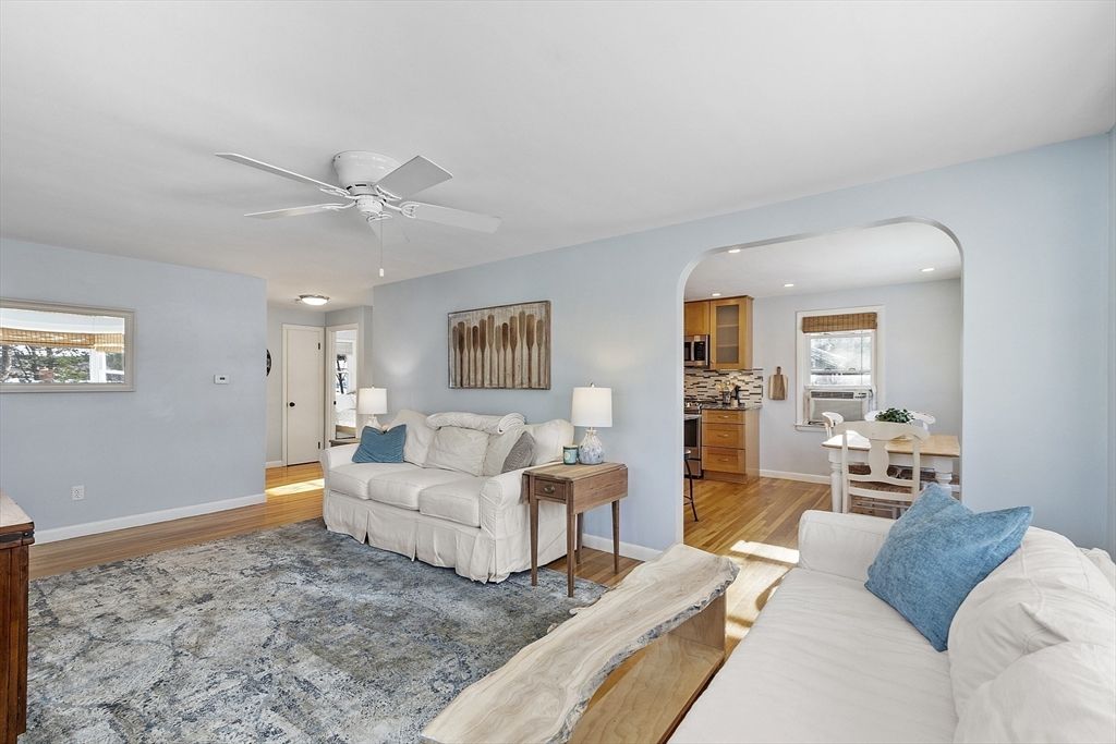 Dining room, Interior, Kitchen, Living room, Recessed Lighting, Stainless Steel Appliances, Wood Texture Flooring