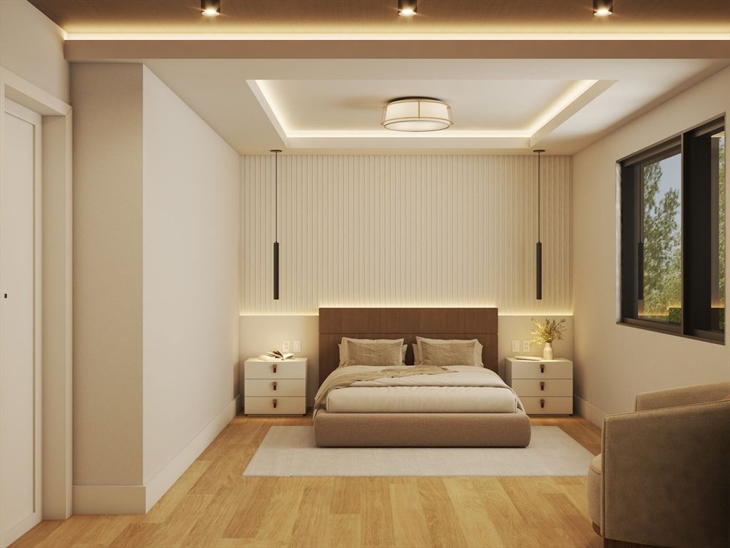 Bedroom, Interior, Recessed Lighting, Wood Texture Flooring