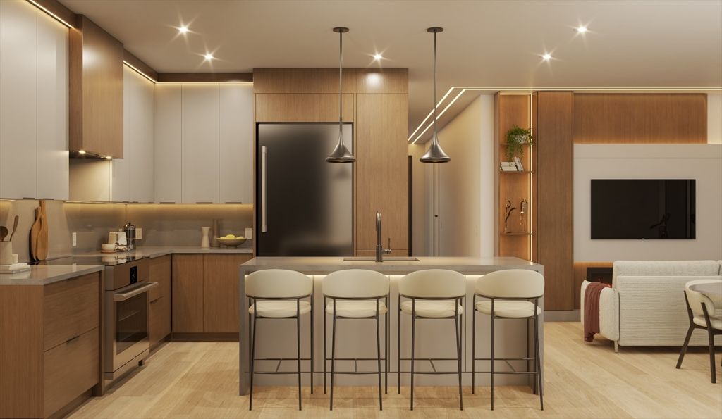 Interior, Kitchen, Pendant Lights, Recessed Lighting, Stainless Steel Appliances, Wood Texture Flooring