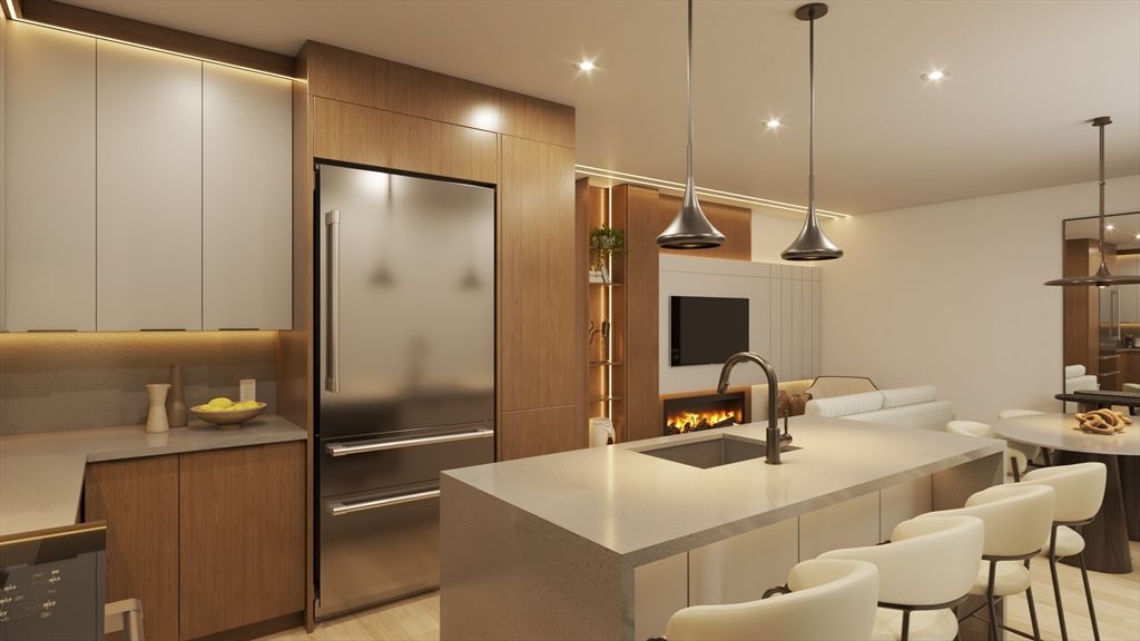 Fireplace, Interior, Kitchen, Pendant Lights, Recessed Lighting, Stainless Steel Appliances, Wood Texture Flooring