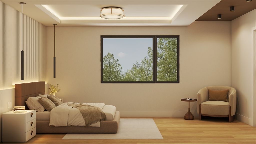 Bedroom, Interior, Pendant Lights, Wood Texture Flooring