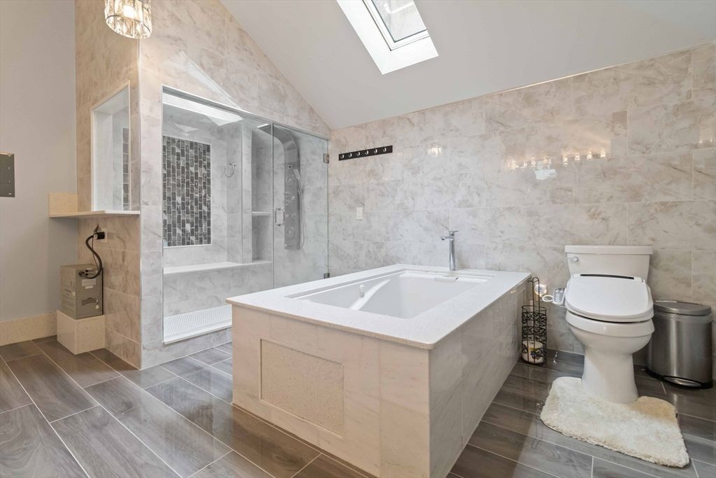 Bathroom, Glass Shower, Interior, Marble Walls, Wood Texture Flooring