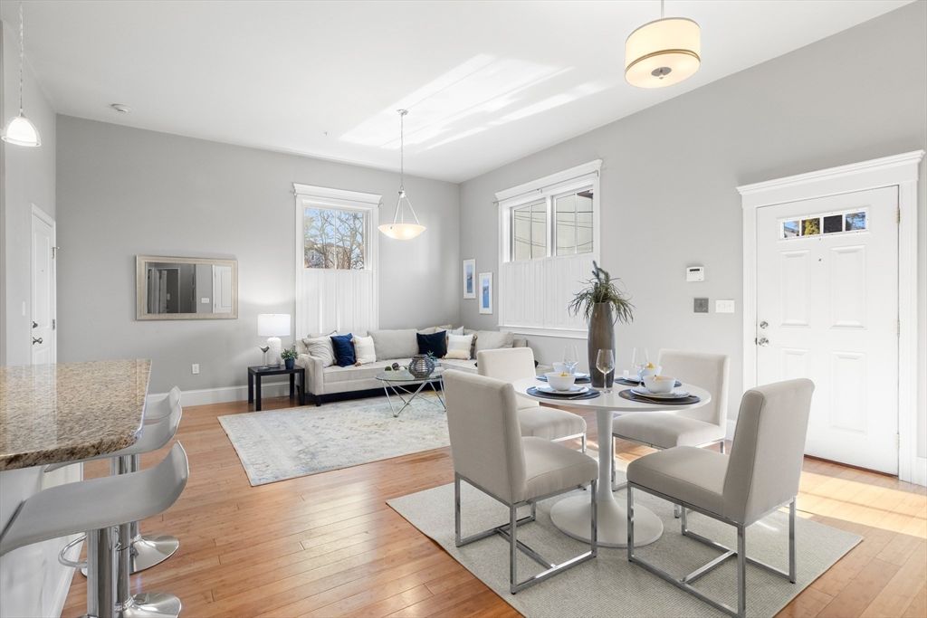 Dining room, Interior, Living room, Pendant Lights, Wood Texture Flooring