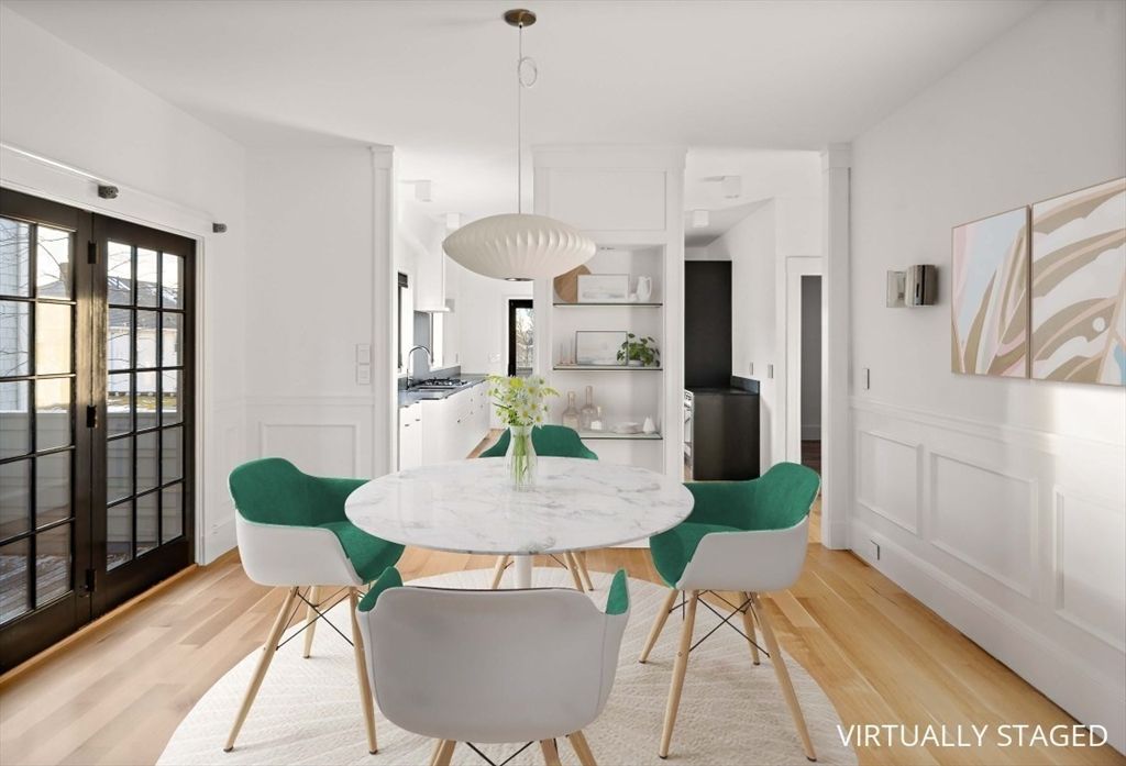Dining room, Interior, Kitchen, Pendant Lights, Wood Texture Flooring