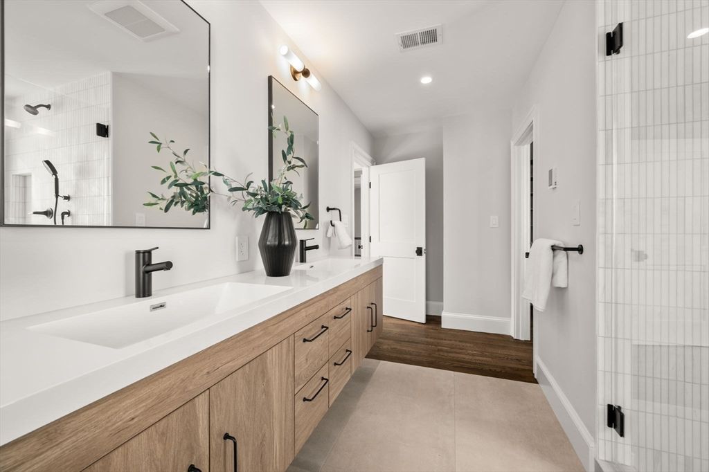 Bathroom, Dual Sink Vanities, Interior, Recessed Lighting, Wood Texture Flooring