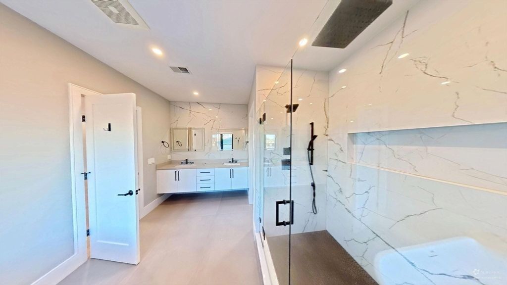 Bathroom, Glass Shower, Interior, Marble Walls, Recessed Lighting