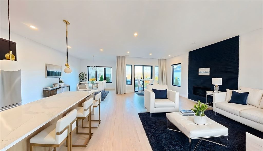 Dining room, Fireplace, Interior, Kitchen, Living room, Pendant Lights, Recessed Lighting, Wood Texture Flooring