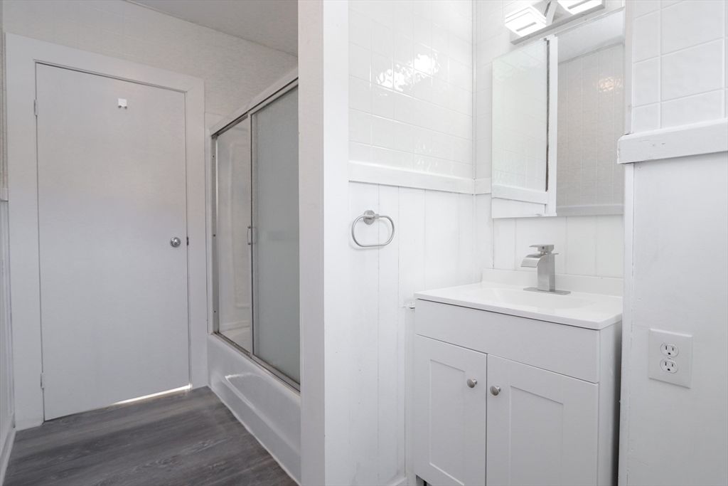 Bathroom, Glass Shower, Interior, Wood Texture Flooring