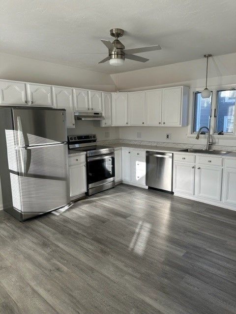 Interior, Kitchen, Pendant Lights, Stainless Steel Appliances, Wood Texture Flooring