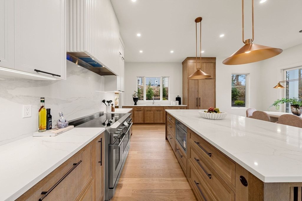 Interior, Kitchen, Pendant Lights, Recessed Lighting, Stainless Steel Appliances, Wood Texture Flooring