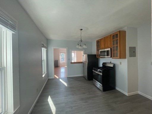 Interior, Kitchen, Pendant Lights, Stainless Steel Appliances, Wood Texture Flooring