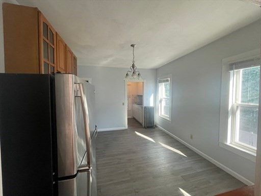 Chandelier, Interior, Kitchen, Pendant Lights, Stainless Steel Appliances, Wood Texture Flooring