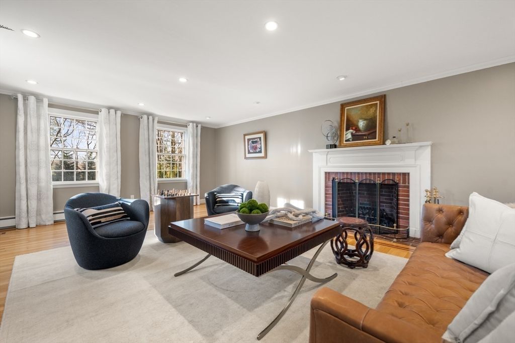 Fireplace, Interior, Living room, Recessed Lighting, Wood Texture Flooring