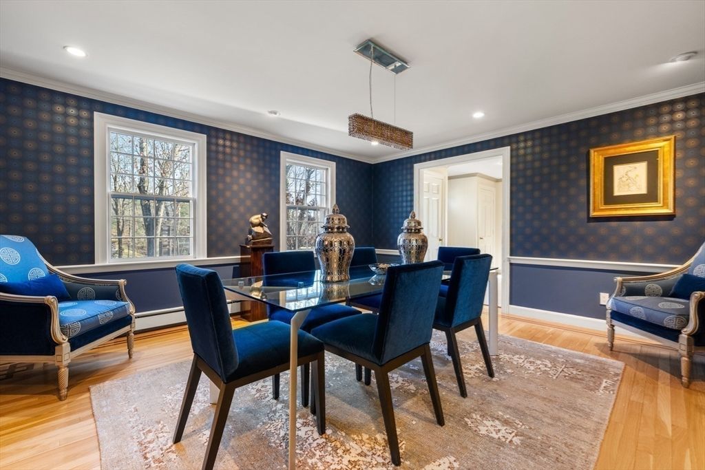 Dining room, Interior, Pendant Lights, Recessed Lighting, Wood Texture Flooring