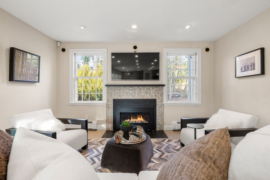 Fireplace, Interior, Living room, Recessed Lighting, Wood Texture Flooring