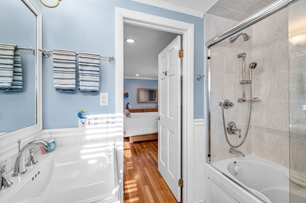 Bathroom, Glass Shower, Interior, Recessed Lighting, Wood Texture Flooring