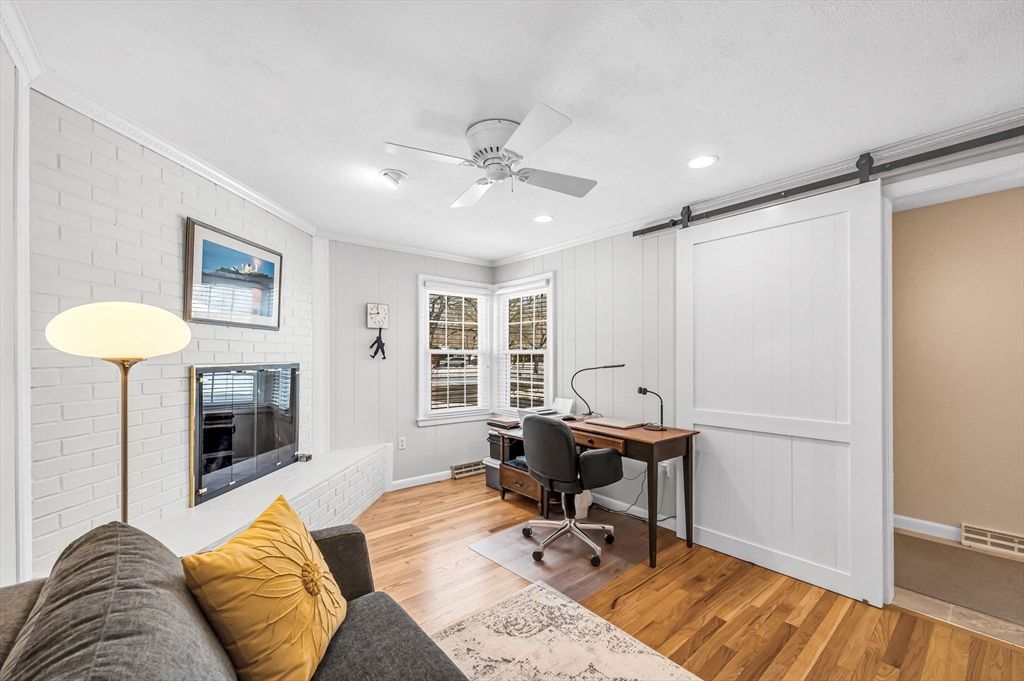 Fireplace, Home Office, Interior, Recessed Lighting, Stone Walls, Wood Texture Flooring