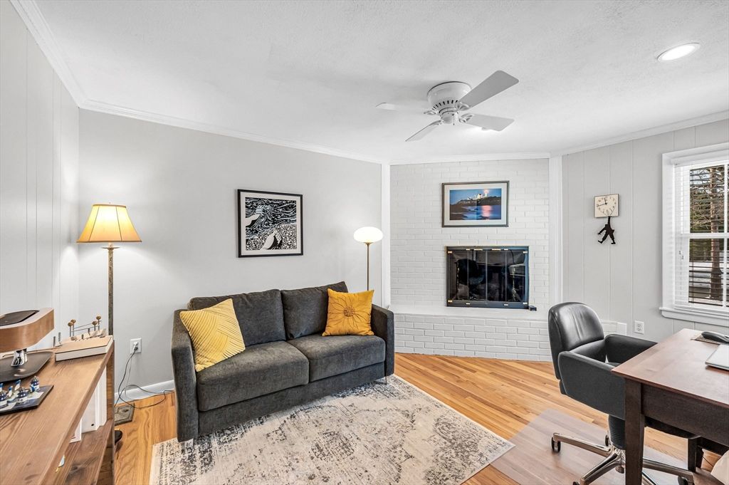 Fireplace, Home Office, Interior, Recessed Lighting, Wood Texture Flooring