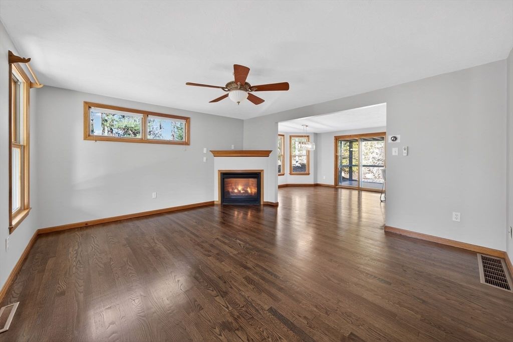 Empty room, Fireplace, Interior, Pendant Lights, Wood Texture Flooring
