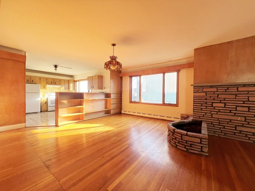 Chandelier, Empty room, Fireplace, Interior, Kitchen, Wood Texture Flooring