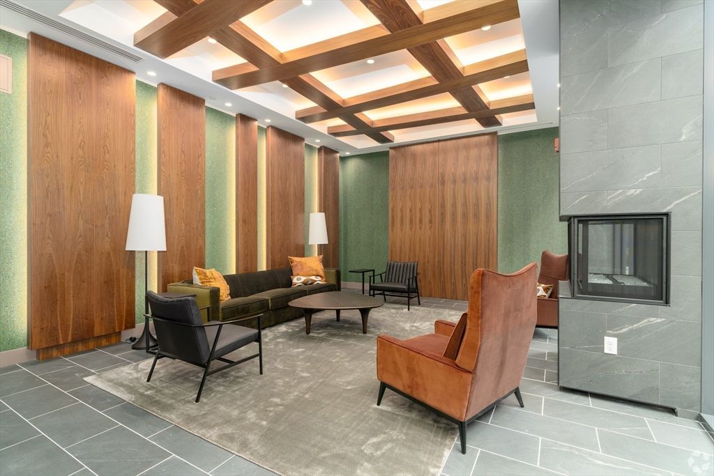 Fireplace, Interior, Living room, Recessed Lighting, Wooden Beams