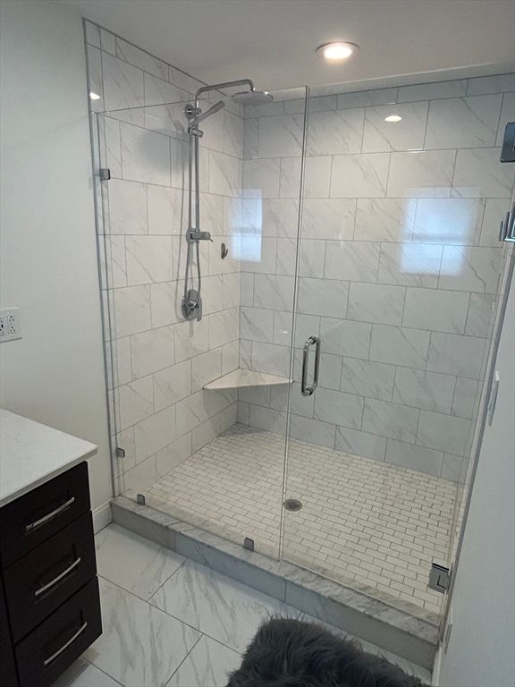 Bathroom, Glass Shower, Interior, Marble, Marble Walls, Recessed Lighting