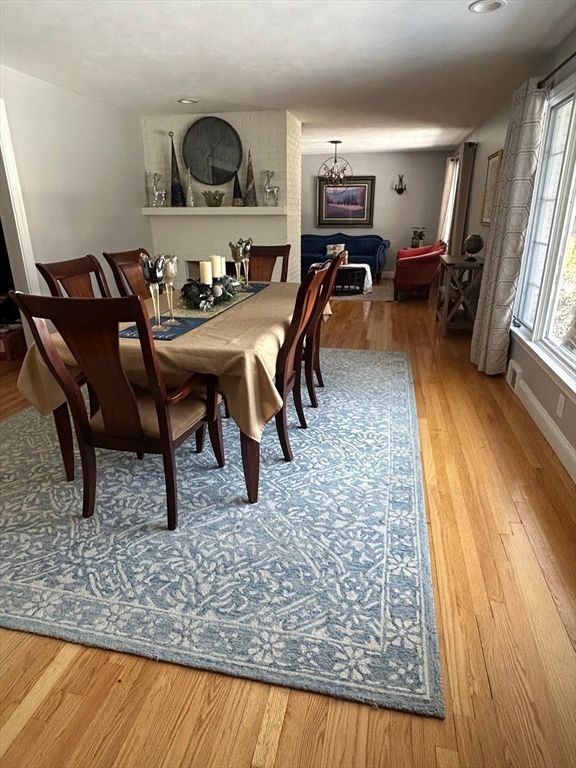 Dining room, Fireplace, Interior, Living room, Wood Texture Flooring