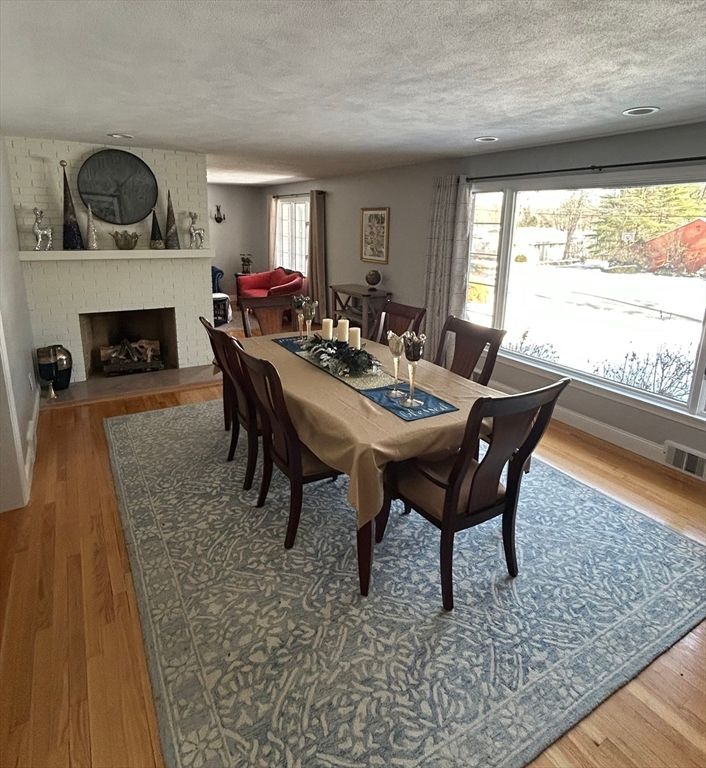Dining room, Fireplace, Interior, Wood Texture Flooring
