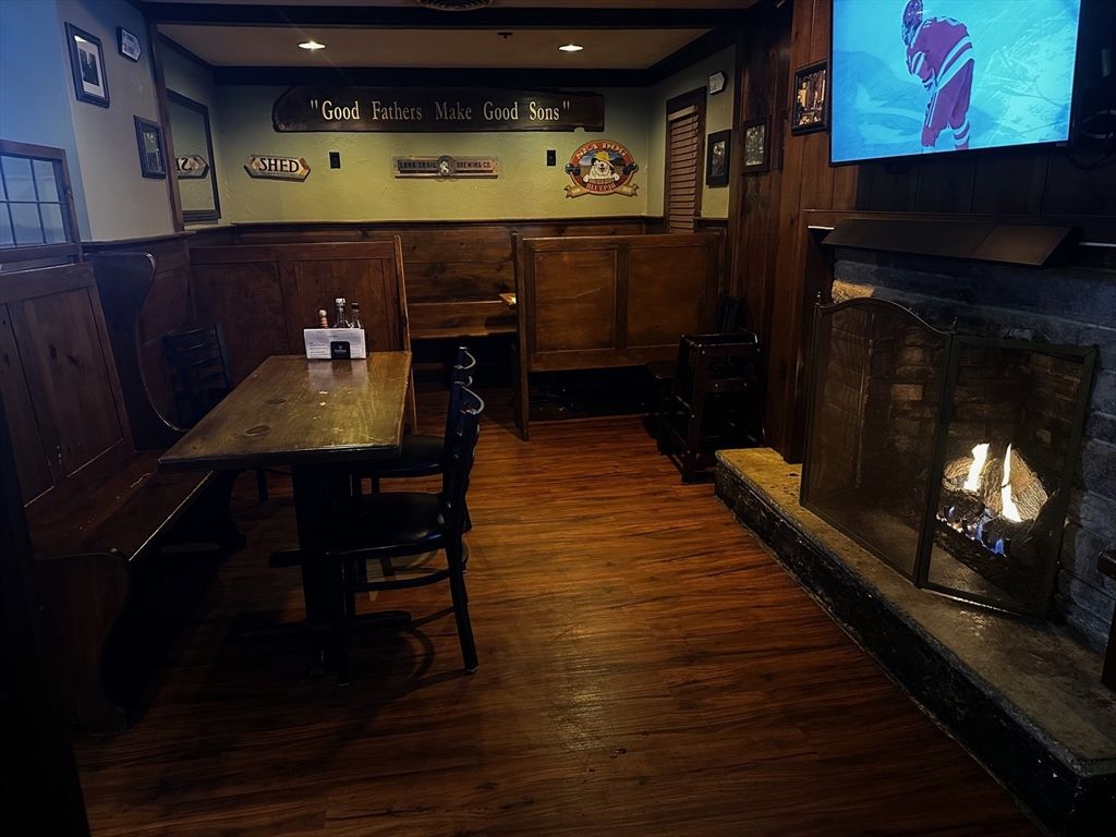 Dining room, Fireplace, Interior, Recessed Lighting, Wood Texture Flooring, Wooden Walls