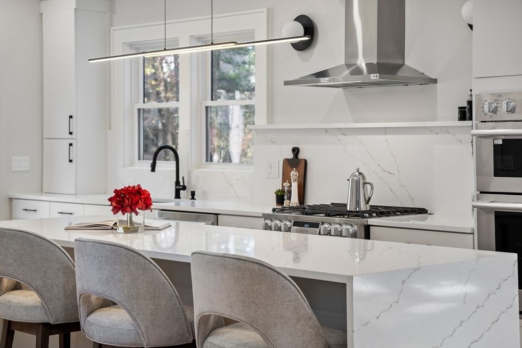 Interior, Kitchen, Marble Walls, Pendant Lights, Stainless Steel Appliances