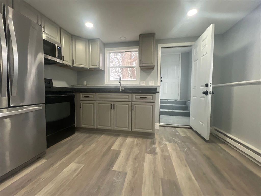 Interior, Kitchen, Recessed Lighting, Stainless Steel Appliances, Wood Texture Flooring