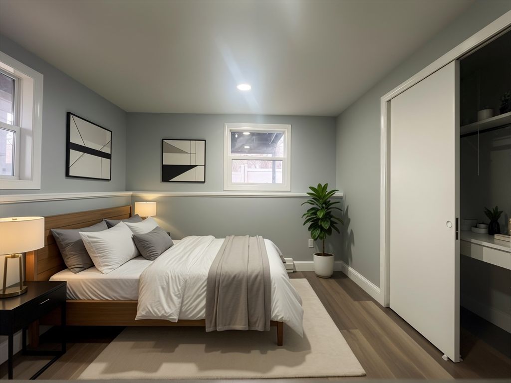 Bedroom, Interior, Recessed Lighting, Wood Texture Flooring
