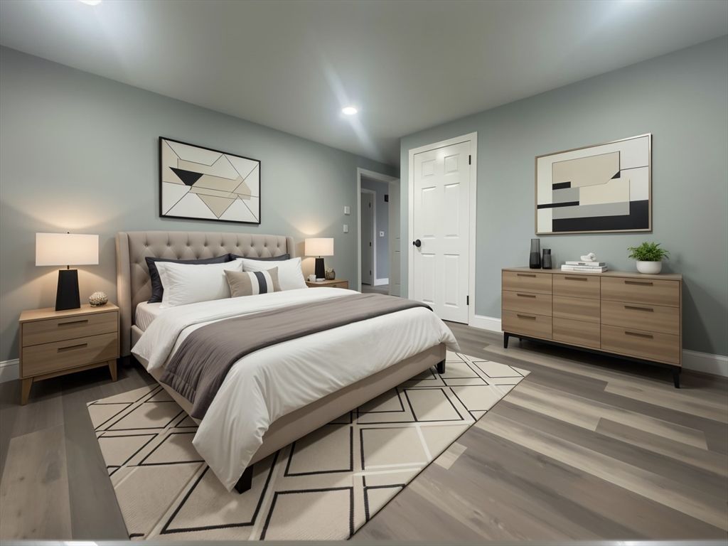 Bedroom, Interior, Recessed Lighting, Wood Texture Flooring