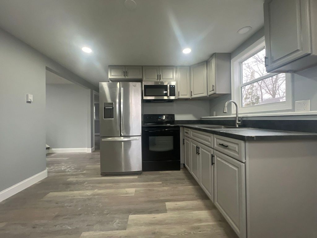 Interior, Kitchen, Recessed Lighting, Stainless Steel Appliances, Wood Texture Flooring