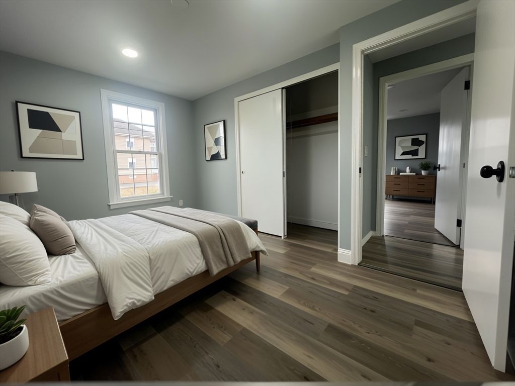 Bedroom, Interior, Recessed Lighting, Wood Texture Flooring