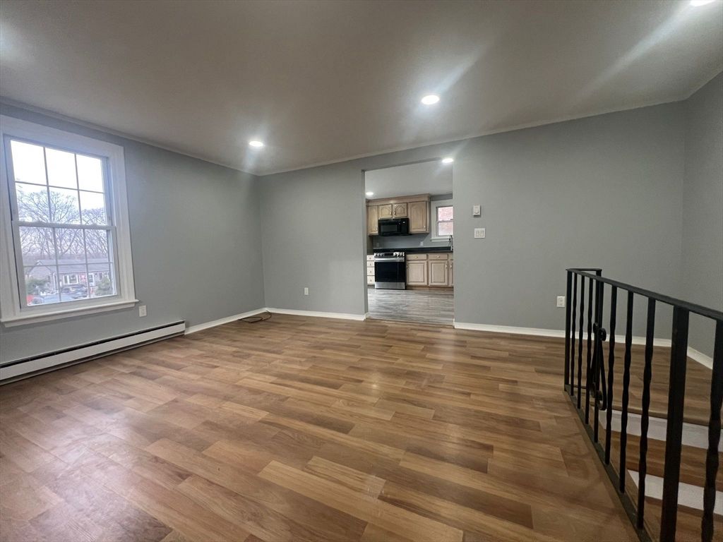 Empty room, Interior, Kitchen, Recessed Lighting, Wood Texture Flooring