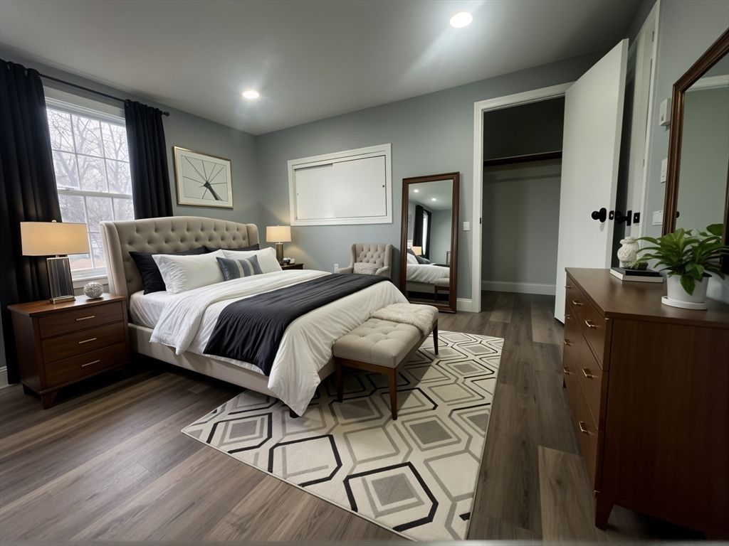 Bedroom, Interior, Recessed Lighting, Wood Texture Flooring