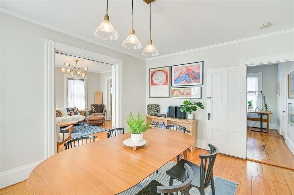 Dining room, Interior, Pendant Lights, Wood Texture Flooring