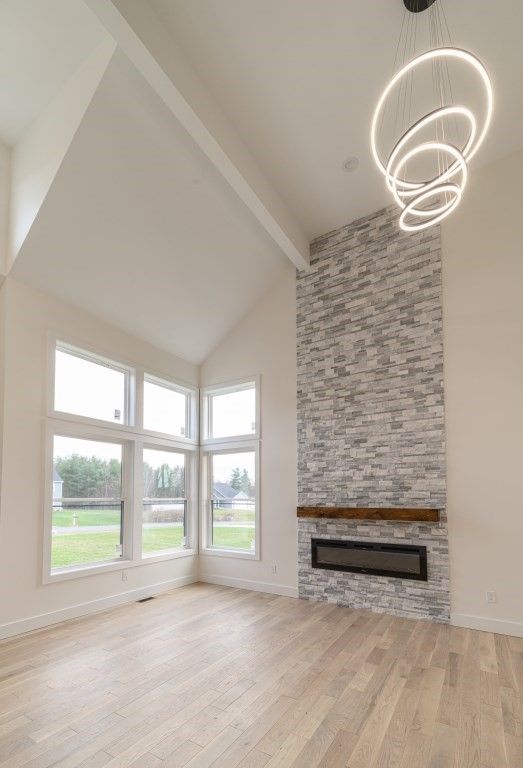 Empty room, Fireplace, Interior, Pendant Lights, Wood Texture Flooring