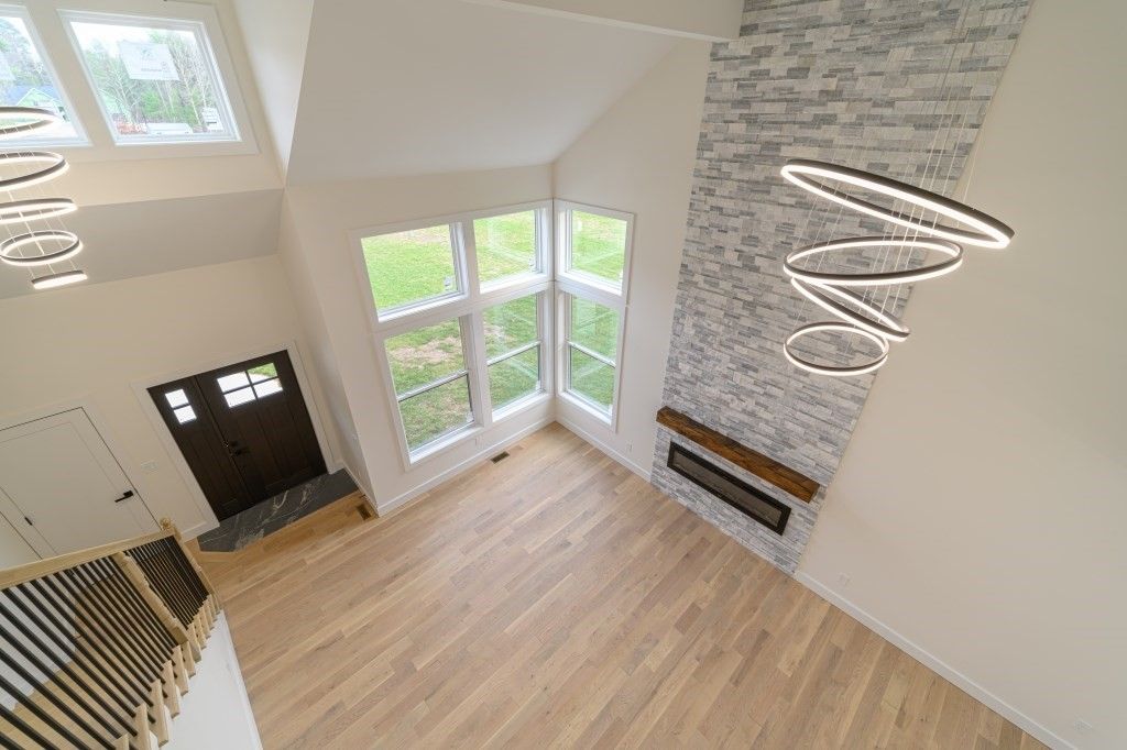 Fireplace, Interior, Pendant Lights, Wood Texture Flooring