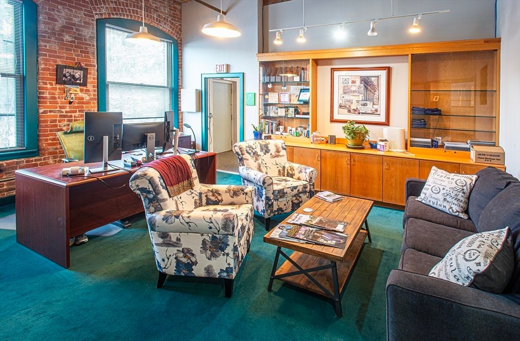 Home Office, Interior, Living room, Pendant Lights, Stone Walls