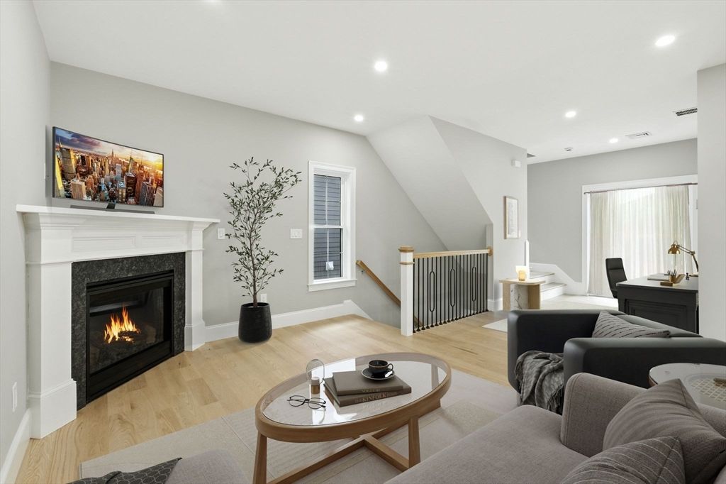 Fireplace, Interior, Living room, Recessed Lighting, Wood Texture Flooring