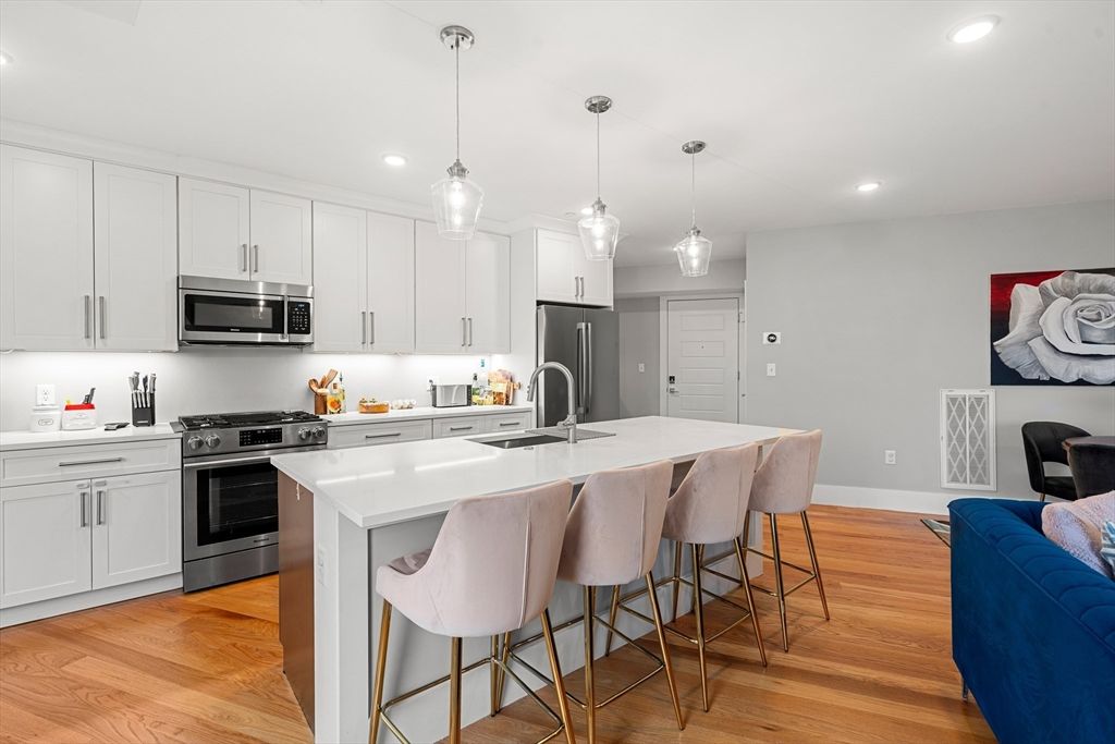 Interior, Kitchen, Pendant Lights, Recessed Lighting, Stainless Steel Appliances, Wood Texture Flooring