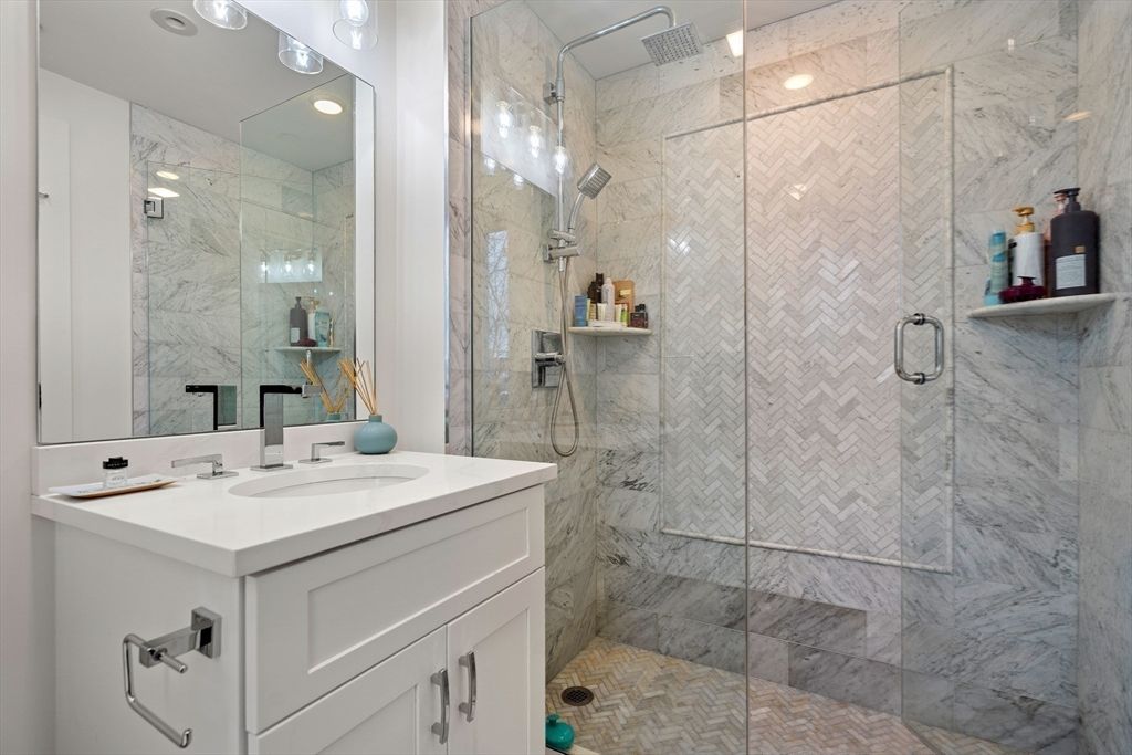 Bathroom, Glass Shower, Interior, Marble Walls, Recessed Lighting