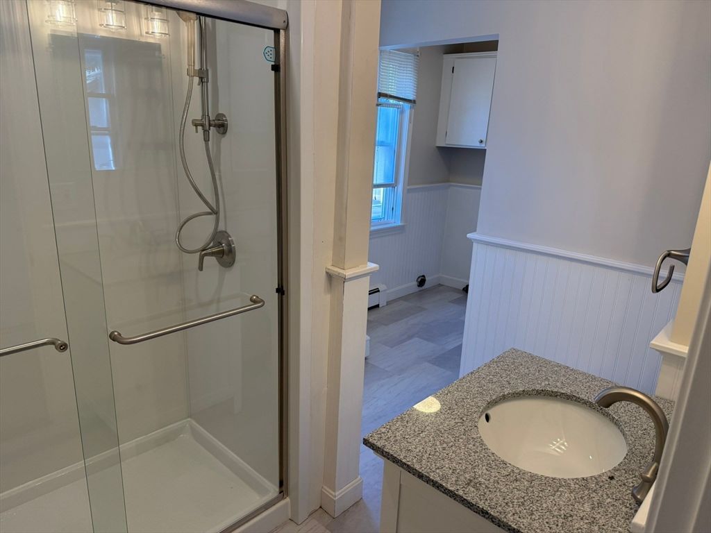 Bathroom, Glass Shower, Interior, Wood Texture Flooring