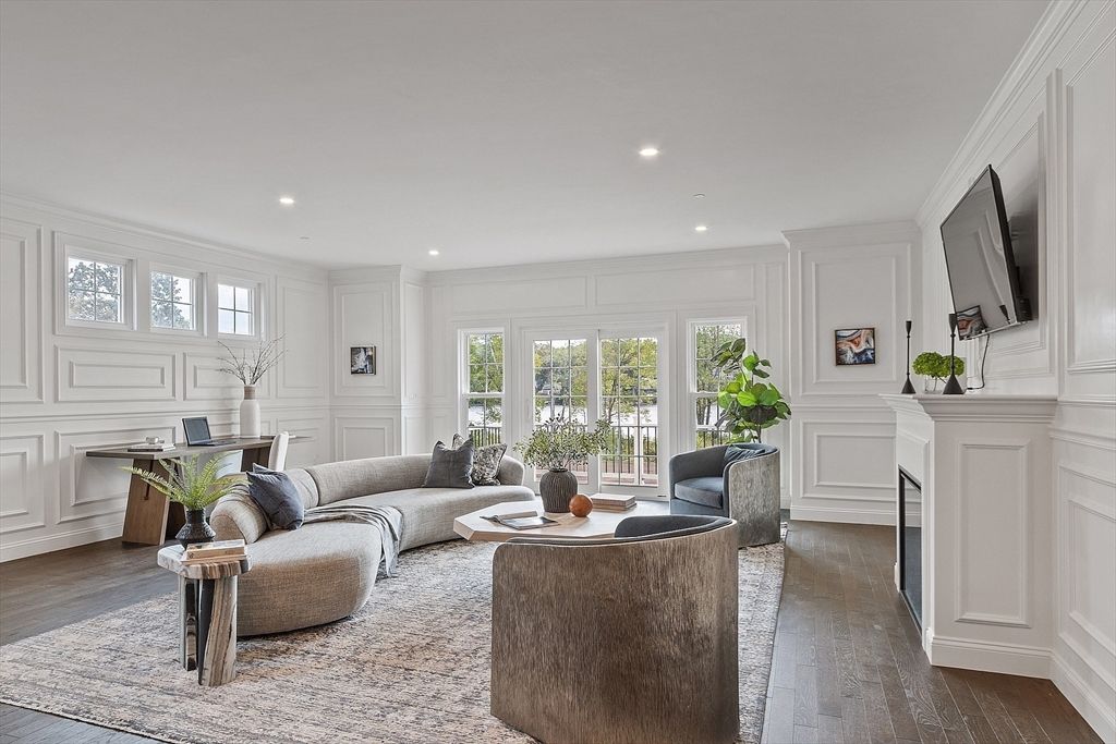 Fireplace, Interior, Living room, Recessed Lighting, Wood Texture Flooring