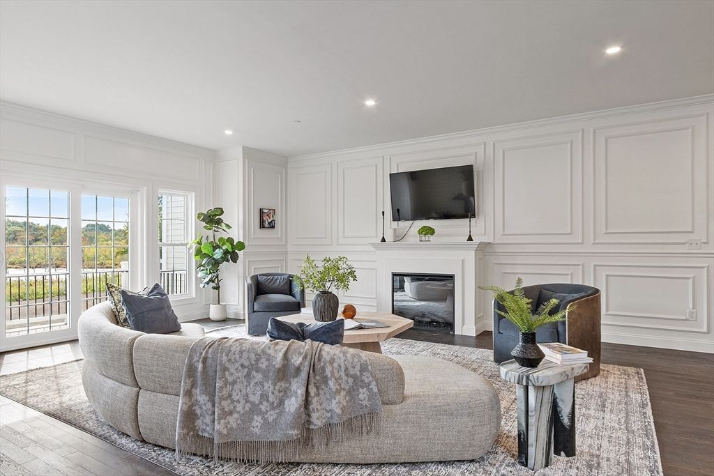 Fireplace, Interior, Living room, Recessed Lighting, Wood Texture Flooring