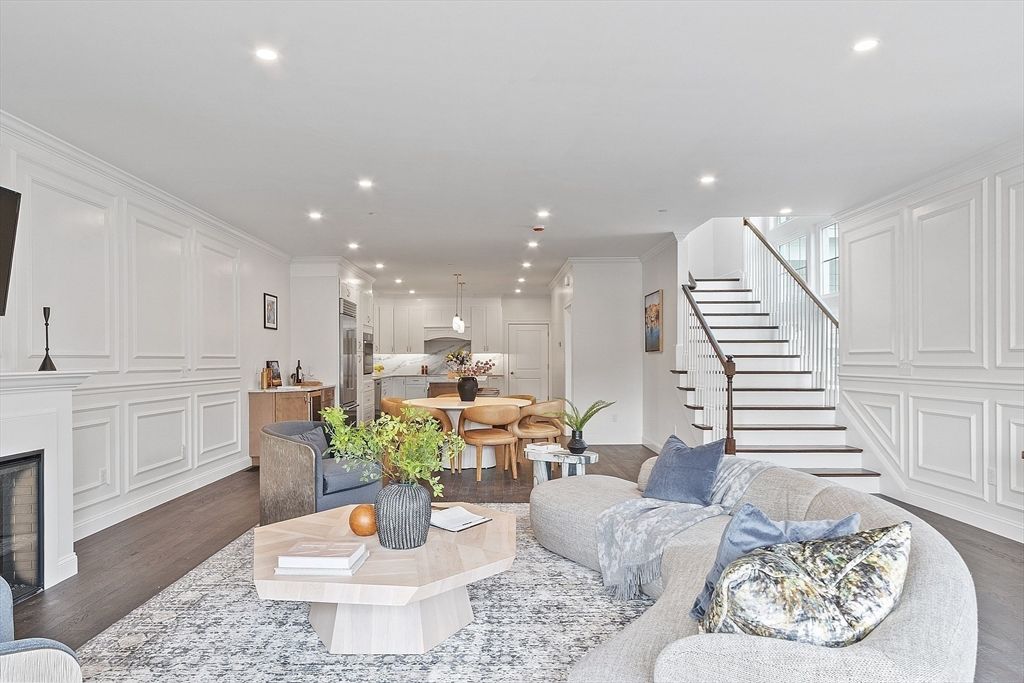 Fireplace, Interior, Kitchen, Living room, Pendant Lights, Recessed Lighting, Wood Texture Flooring